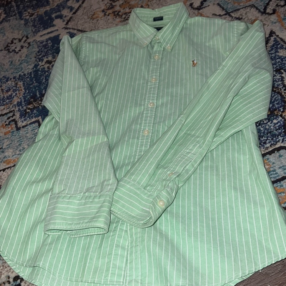 Ladies Ralph Lauren Slim Fit Oxford in grass green & white pinstripe .EUC.